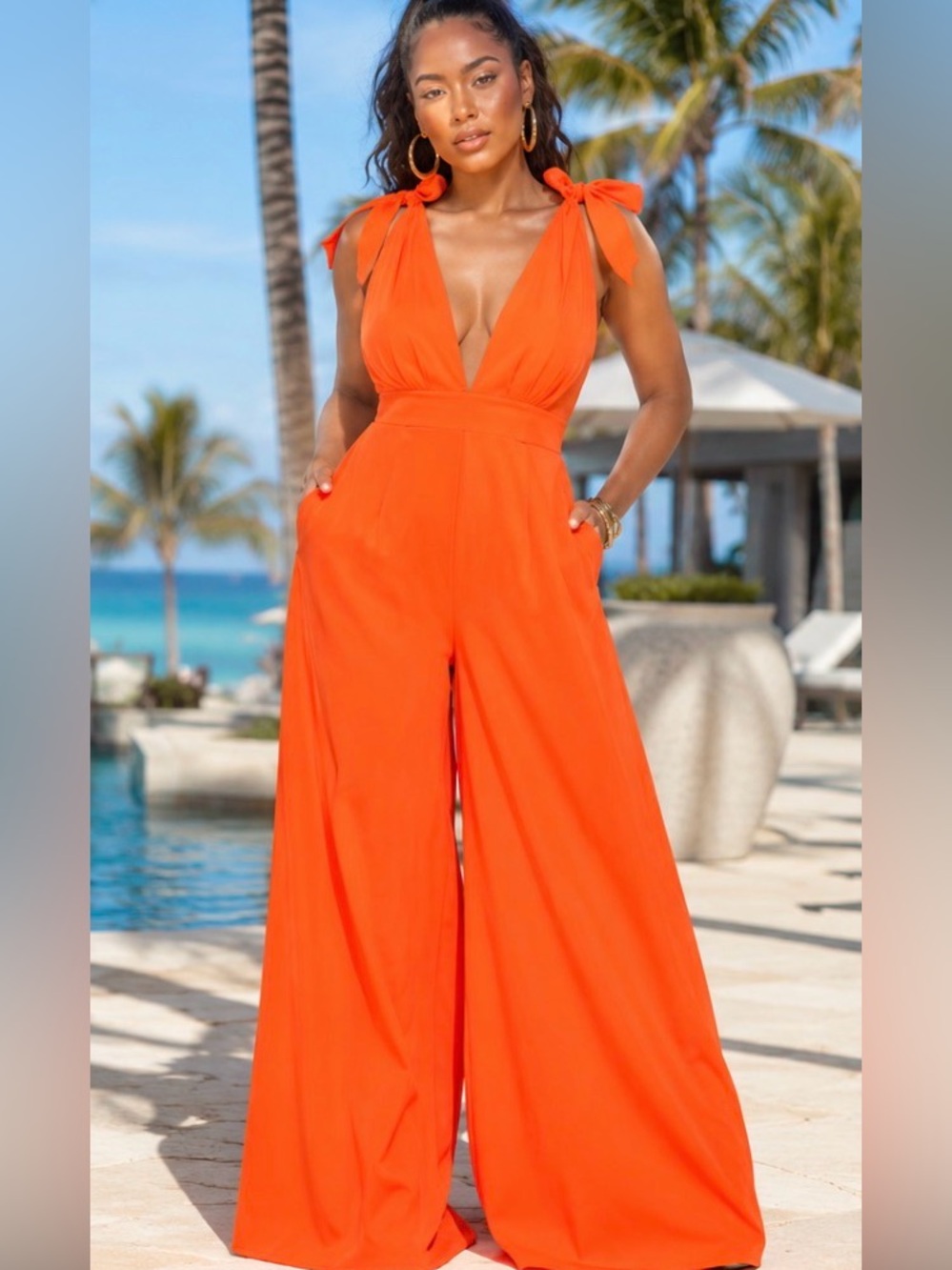 Women’s Orange Tie-Shoulder Wide-Leg Jumpsuit M (New Without Tag)